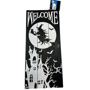Halloween wall decor welcome wood sign witch haunted house moon black READ NEW